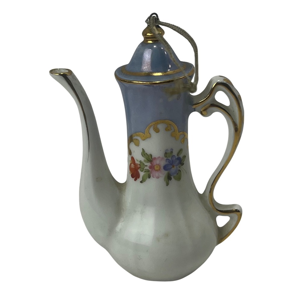 Cracker Barrel Porcelain Miniature Tea Pot Blue White‎ Floral Christmas Ornament